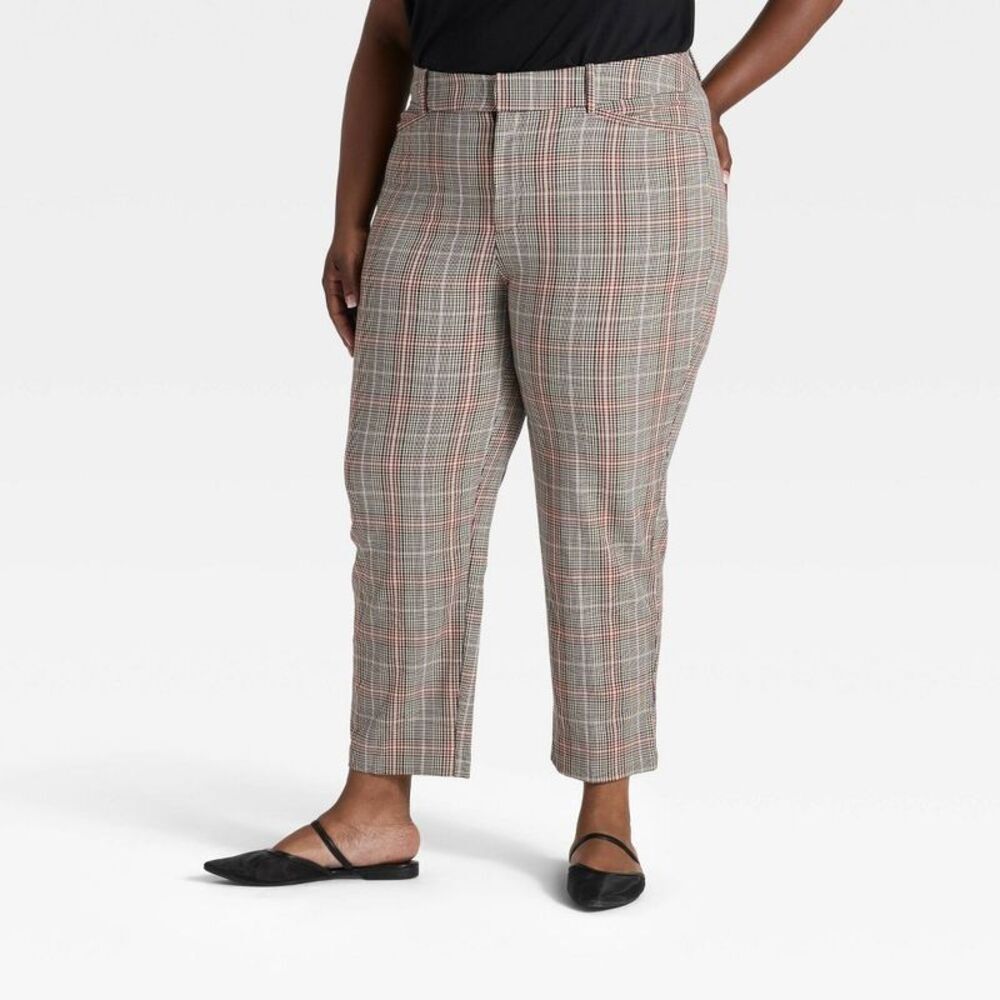 Women's High-Rise Straight Leg Trousers - Ava & Viv Gray Plaid 24